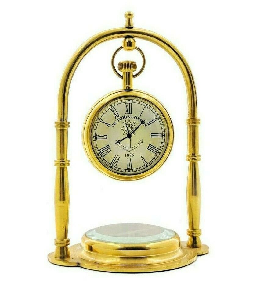 Brass Shiny Polished Desk Clock Base Compass Victorian Style Table Decorative