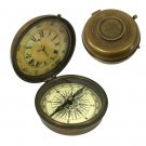 Working Antique Maritime Brass Nautical Compass with Beautiful Analog Clock Gift