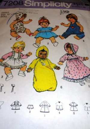 Simplicity 7208 Vintage Doll Clothing Sewing Pattern Sizes Small Doll 13 - 14 Inch