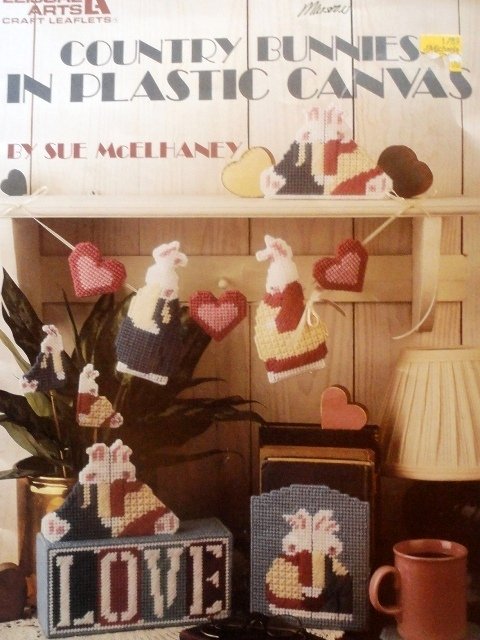 COUNTRY Bunnies in Plastic Canvas Pattern Coasters Tissue Cover Leisure Arts 1171