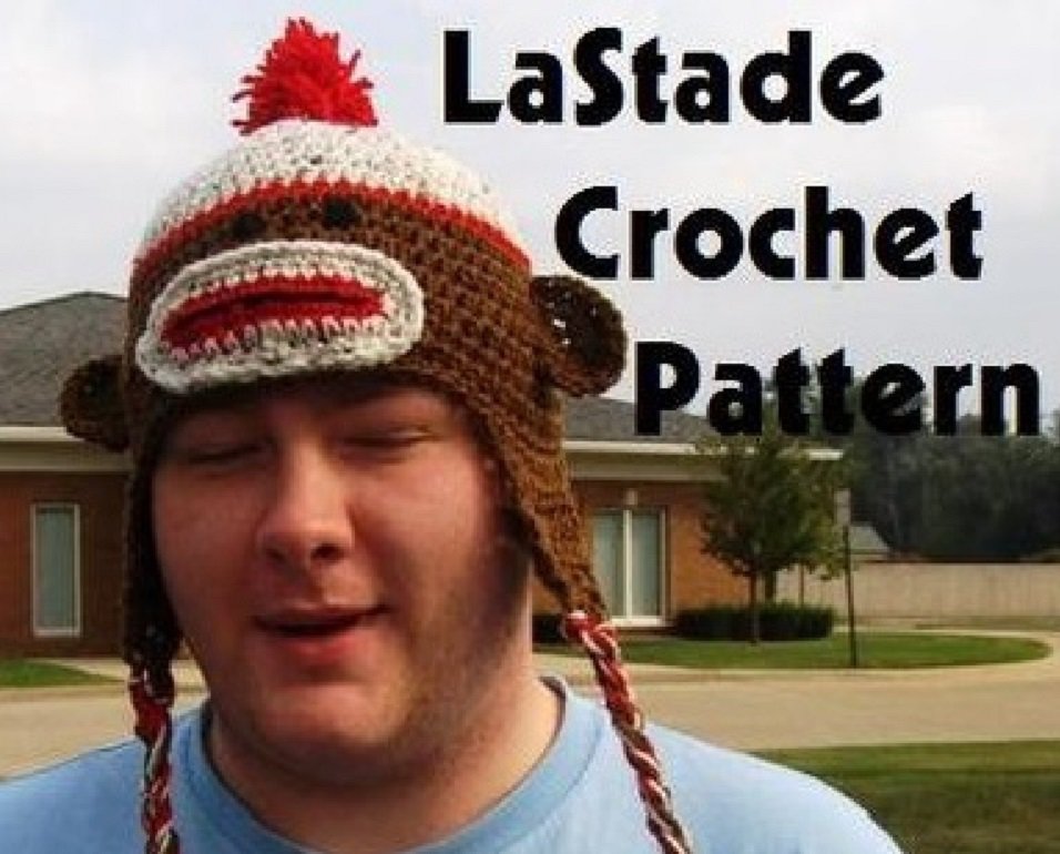 Sock Monkey Hat Crochet Instructions Pattern Ear Flaps Teen Adult size LaStade-Designs PDF Pattern