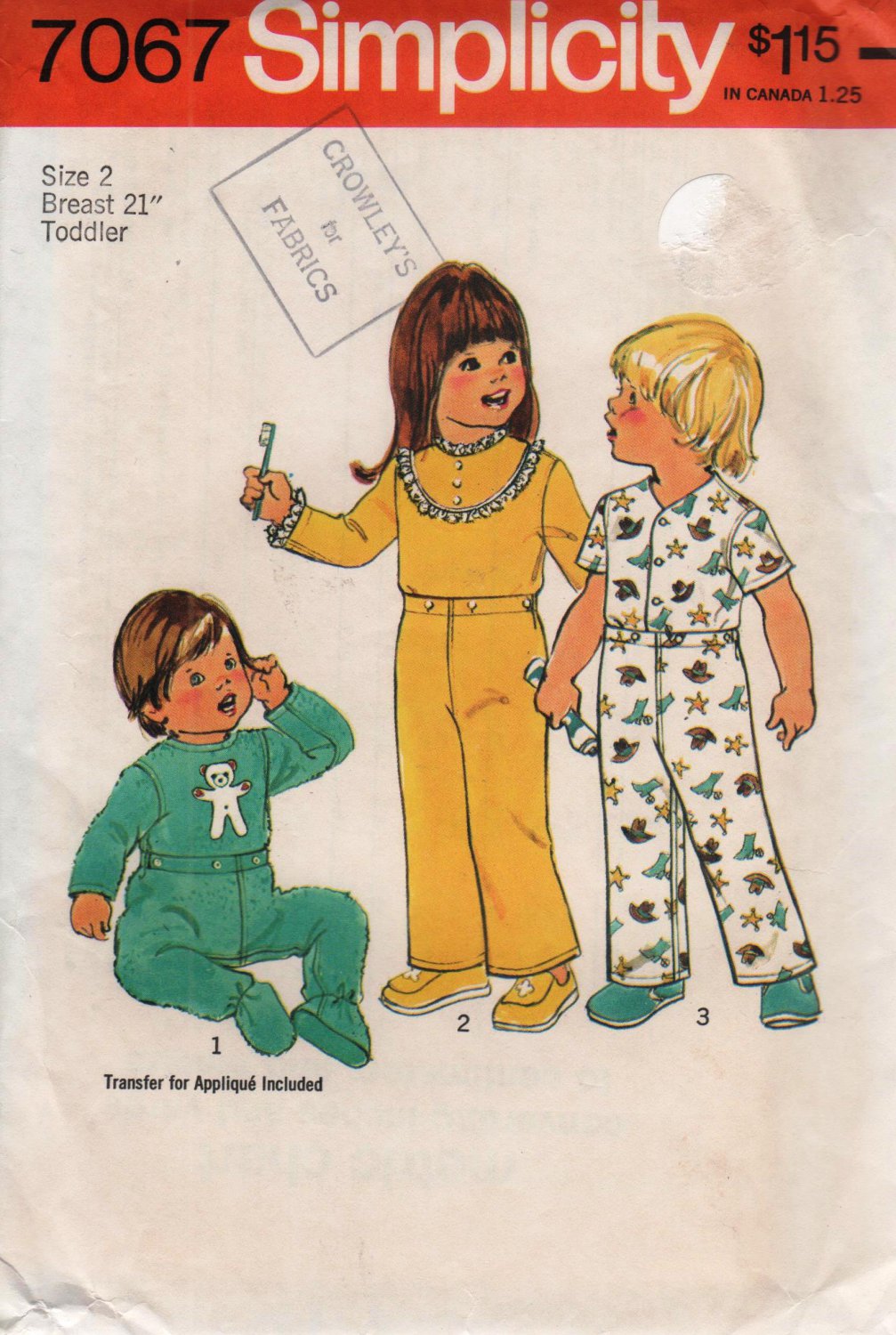Simplicity 7067 Toddlers Footie Pajamas Sewing Pattern boy or girl size 2 Uncut