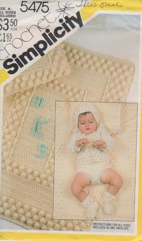 Crochet Pattern Simplicity 5475 Baby Layette, Afghan, Booties, Bonnet, sweater, panties
