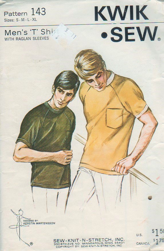 Kwik - Sew 143 Men's T-Shirt with Raglan Sleeves sizes small to extra large