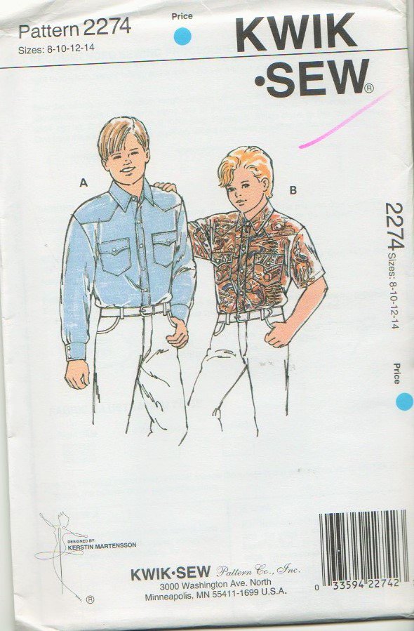 Kwik - Sew 2274 Boy's Western Cowboy Style Shirt sewing pattern sizes 8-14