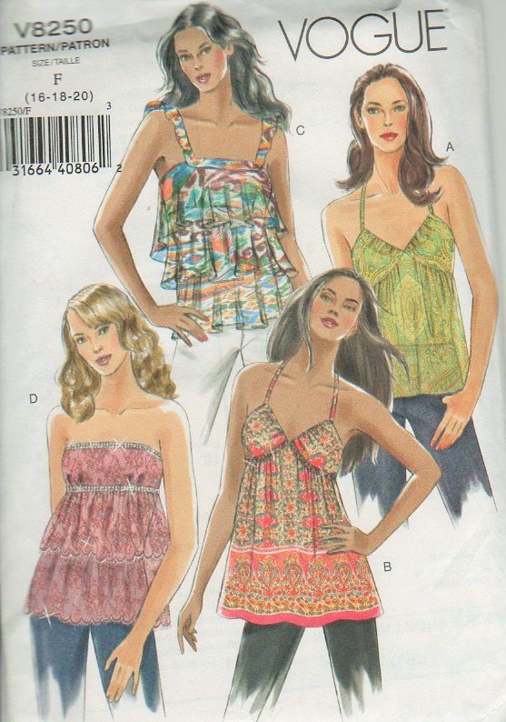 Vogue 8250 Summer Tops Sewing Pattern Sizes 16 18 20