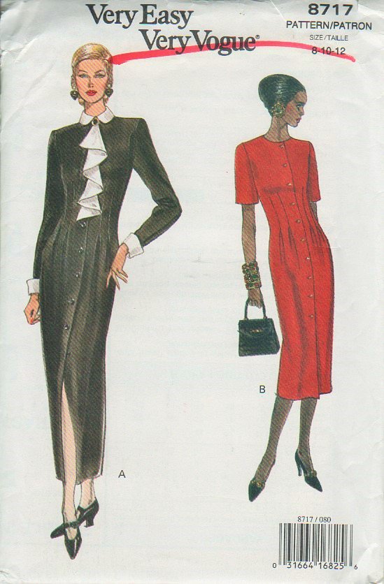 Vogue 8717 Button up front dress optional jabot, long or mid calf size 8 10 12 Uncut