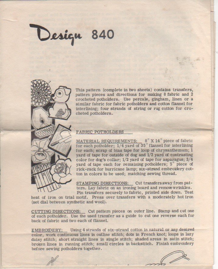 VINTAGE Uncut Mail Order Pattern 840 Vintage Pot Holders Sewing and Crochet