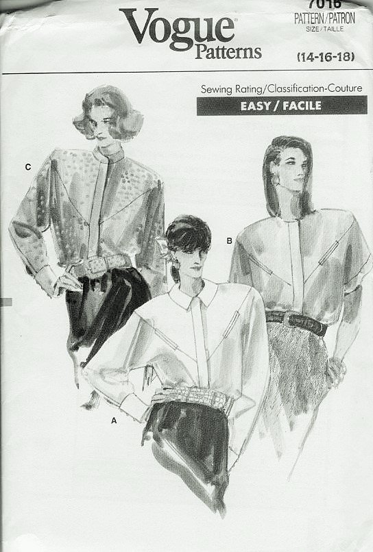 Vogue 7016 Misses Blouse Shirt sewing pattern sizes 14 16 18