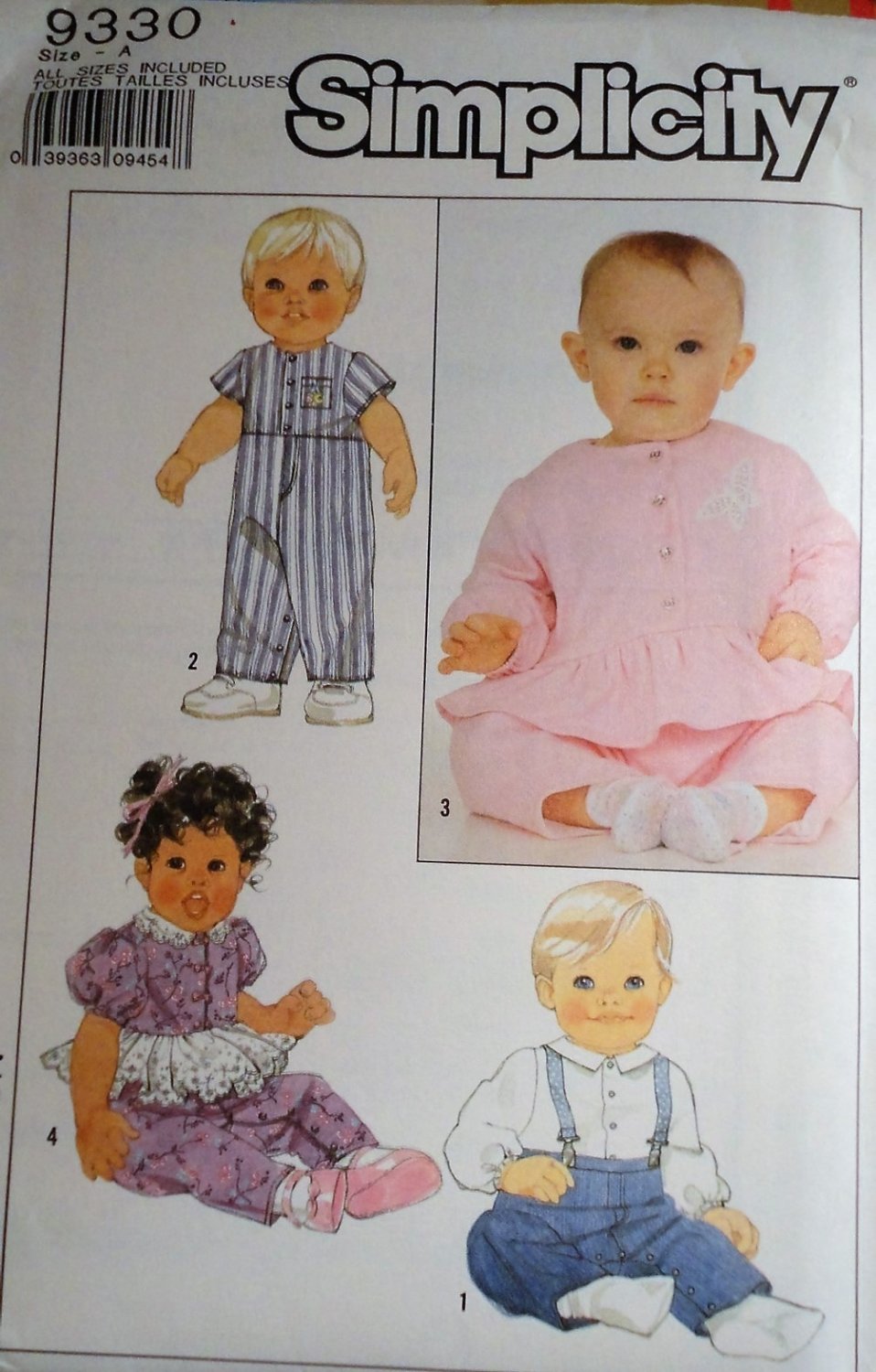 Simplicity 9330 Baby top, overalls, jumpsuit and pants sizes small to large Sewing Pattern