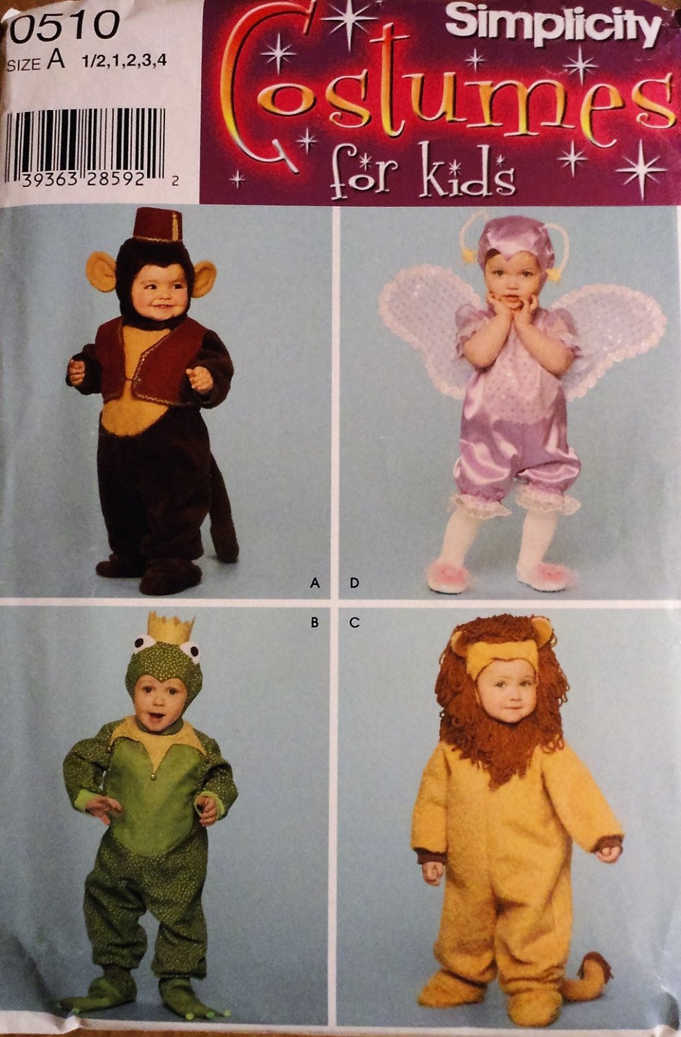 Simplicity 0510 sewing pattern Costumes forToddler Boy Girls costumes Sizes A, 6 mos, 1,2,3,4