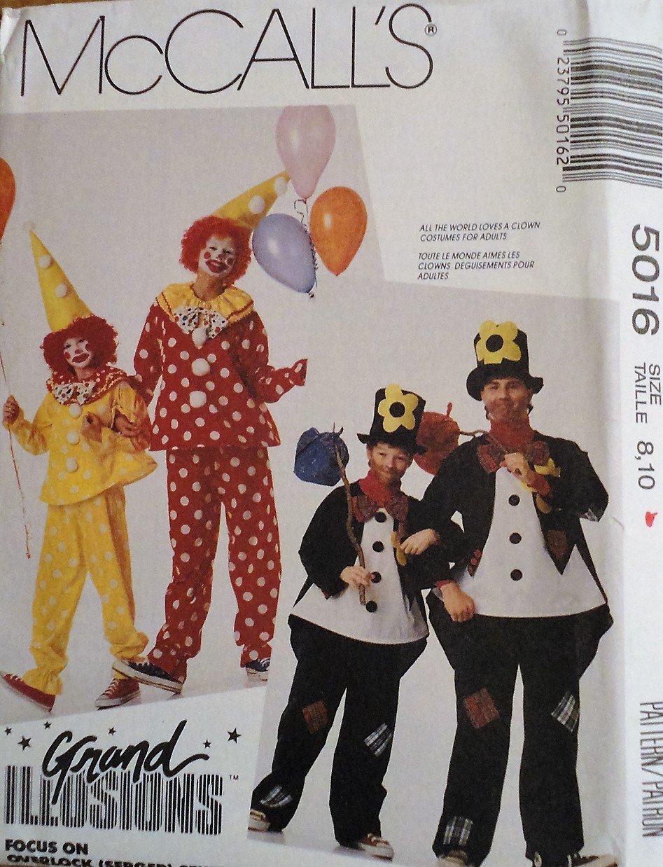 McCall's 5016 Child size 8, 10 Clown and Hobo Costume Sewing Pattern