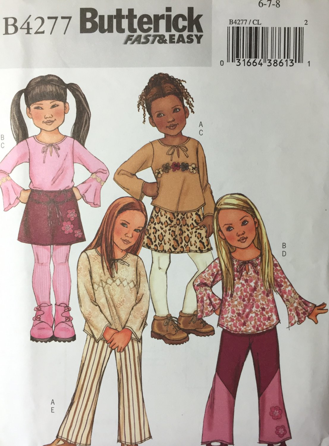 Butterick 4277 Children's Girls' Top Skirt Pants Belt Size 6 7 8