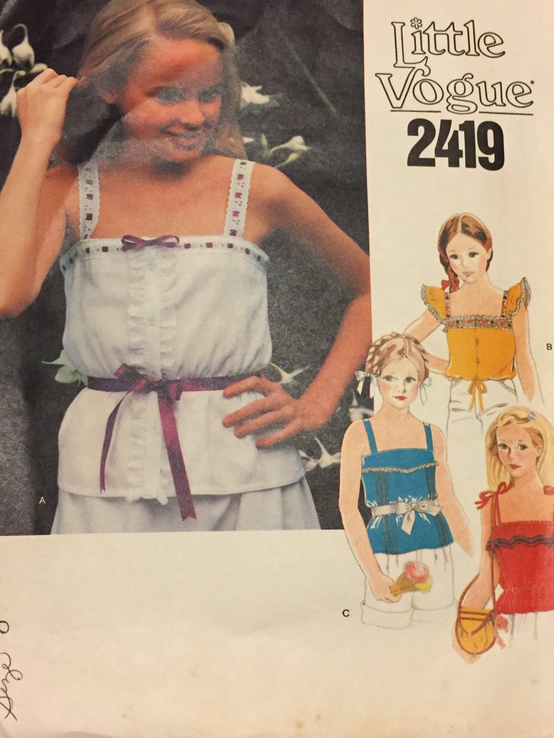 Girl's Flutter Sleeve or Tie Shoulder Top with Gathered Peplum or Tie Waist Vogue 2419 Size 8