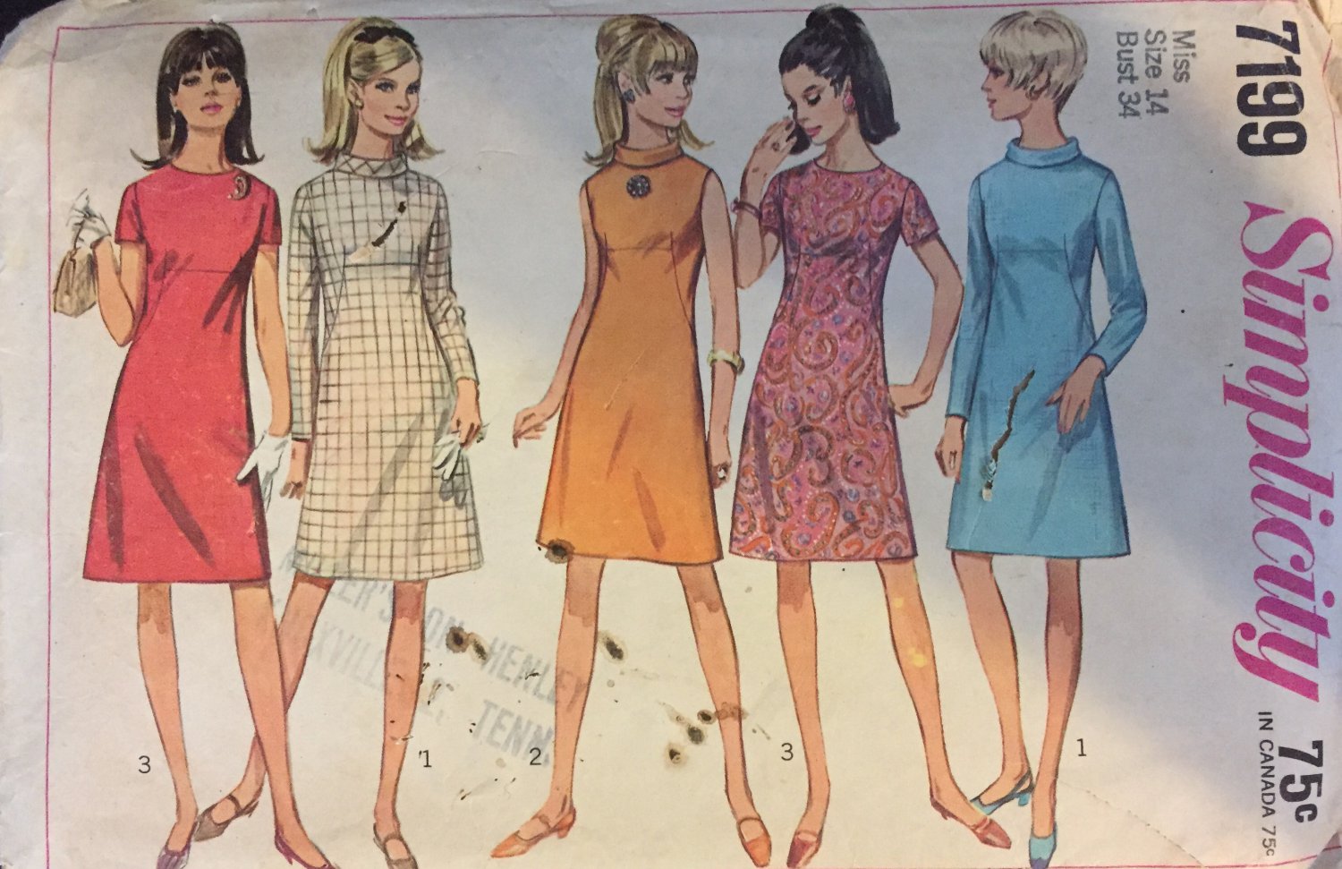 Simplicity 7199 A-Line Retro Dress Pattern Size 14 Bust 34
