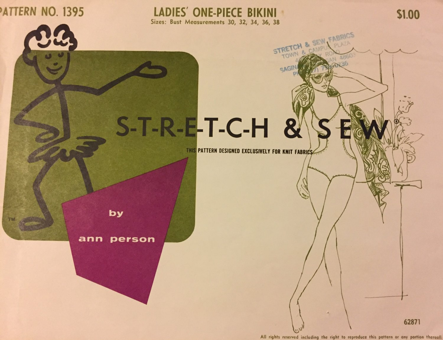 1960s One Piece Bikini Swimsuit Pattern Stretch & Sew 1395 Womens Sewing Pattern Bust 30 - 38 UNCUT