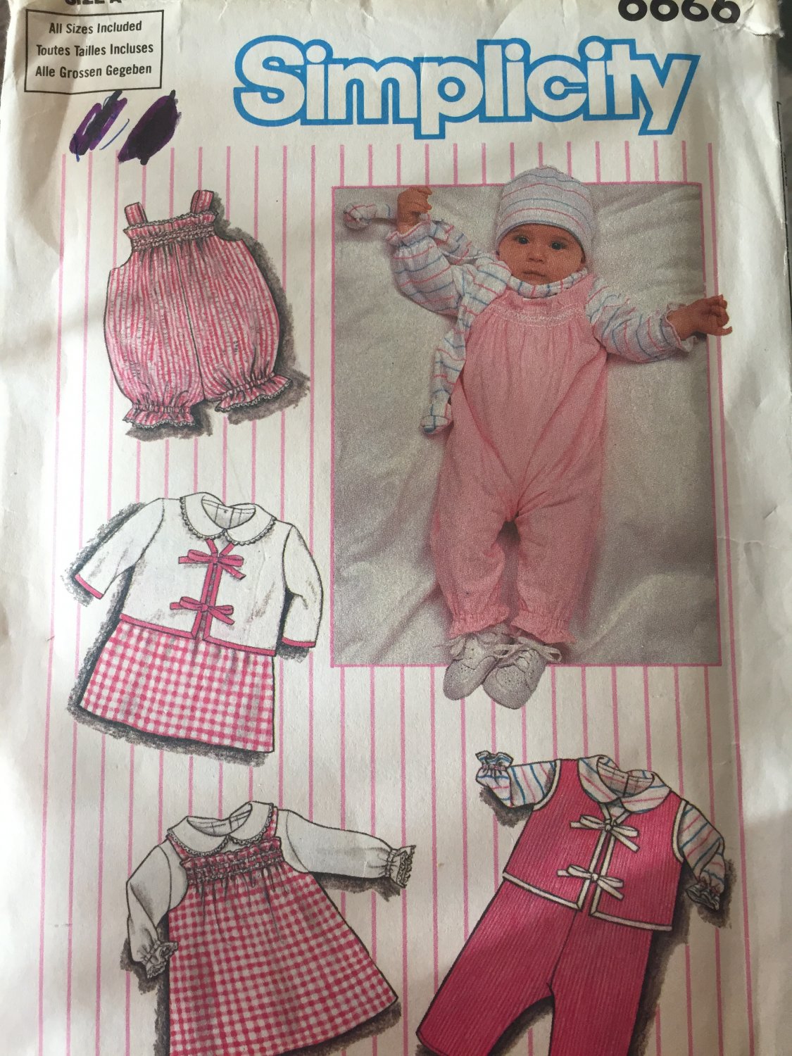 Simplicity Sewing Pattern 6666 baby dress jumper  romper overalls Sizes NB - 18 Months UNCUT