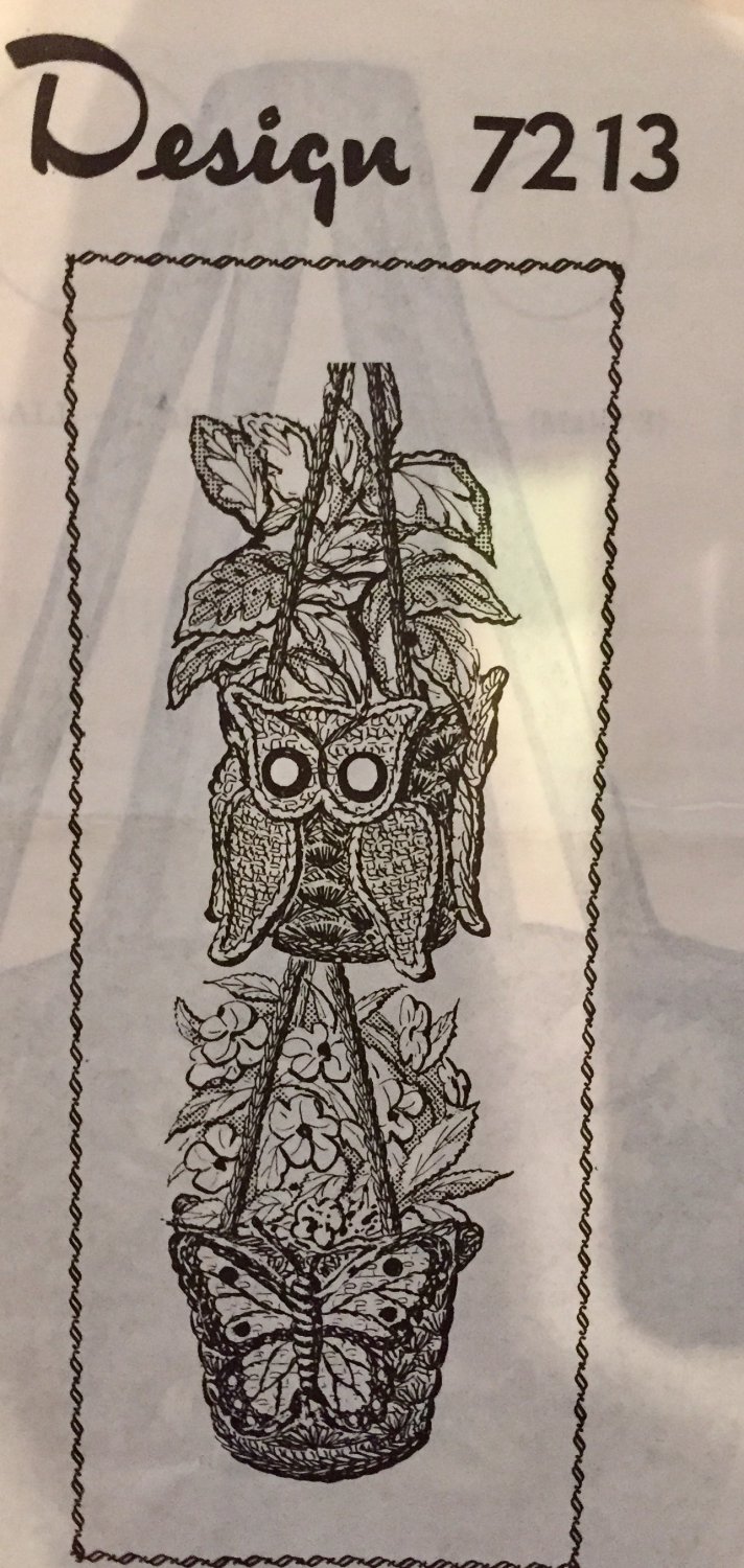 VINTAGE Mail Order Pattern 7213 Owl and Butterfly Flower pot hanger Crochet Pattern