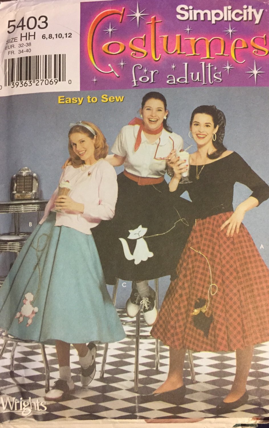 Simplicity Sewing Pattern 5403 Misses Costumes size 6 8 10 12 Poodle Skirt