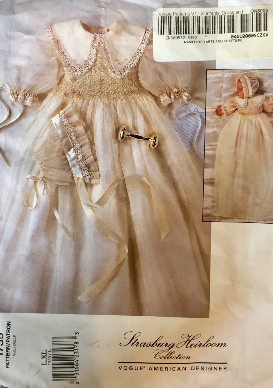 Vogue 1755 Smocked Infant Christening Dress Bonnet STRASBURG HEIRLOOM COLLECTION