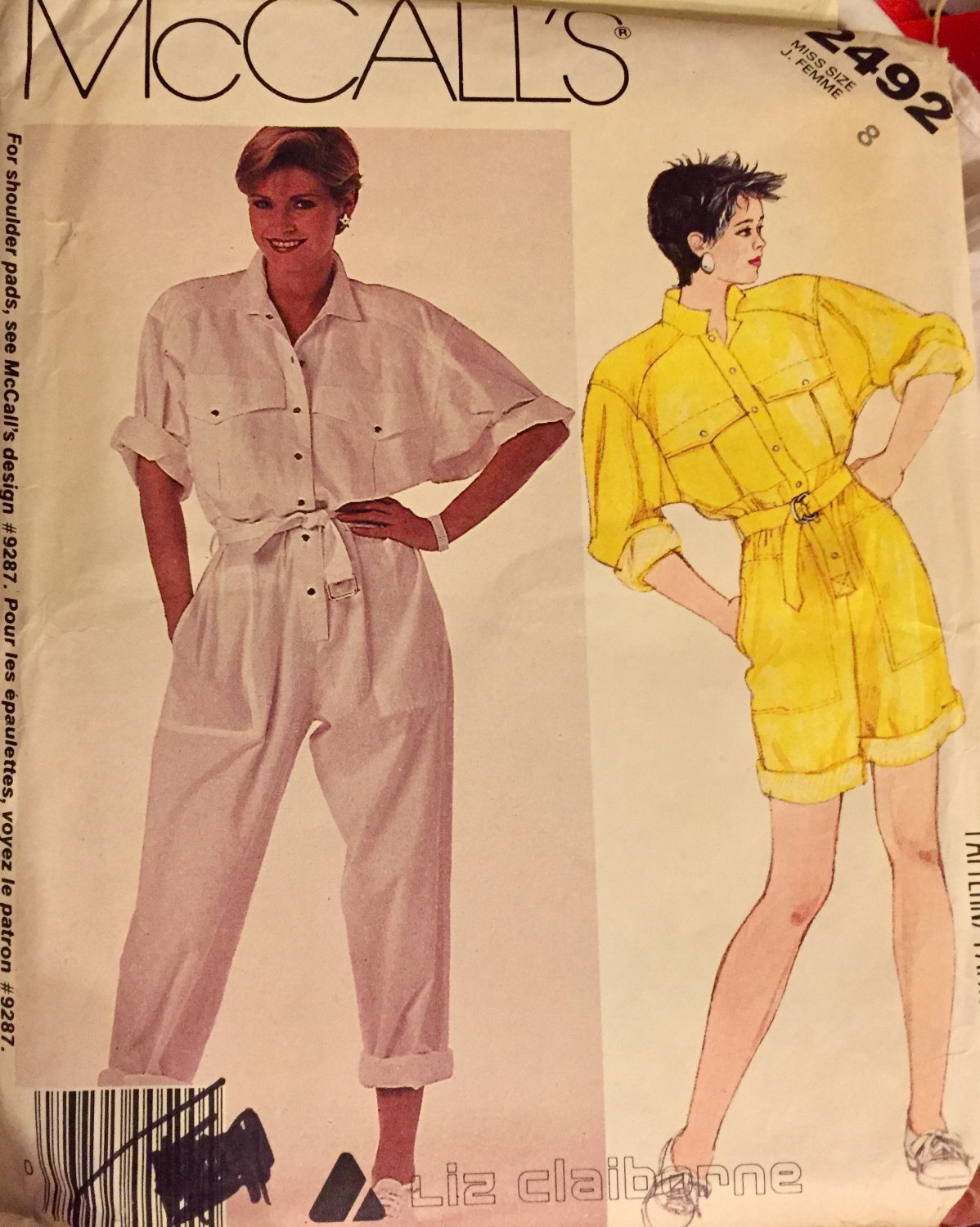 McCall's 2492 Vtg 80s Loose Fit Jumpsuit Romper Collar Belt Roll Up Cuffs Sewing Pattern Size 8
