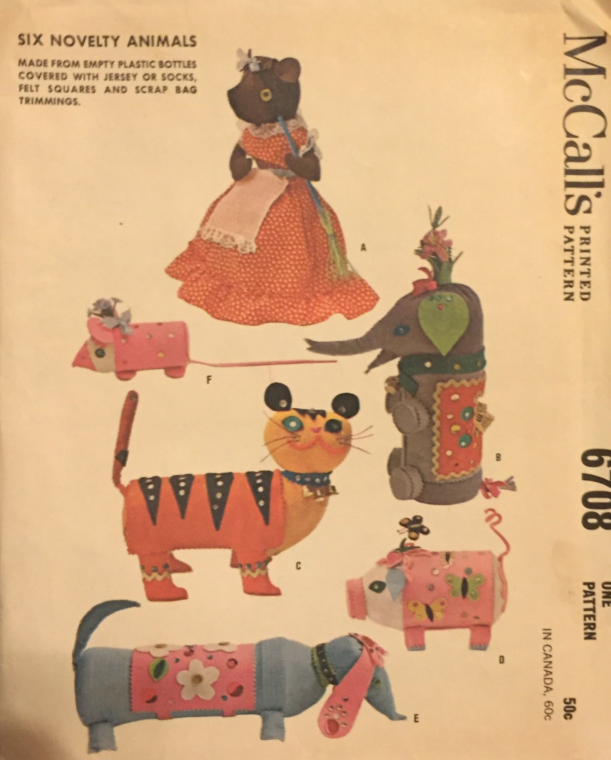 McCall's 6708 Six Novelty Animals toys Vintage Sewing Pattern UNCUT