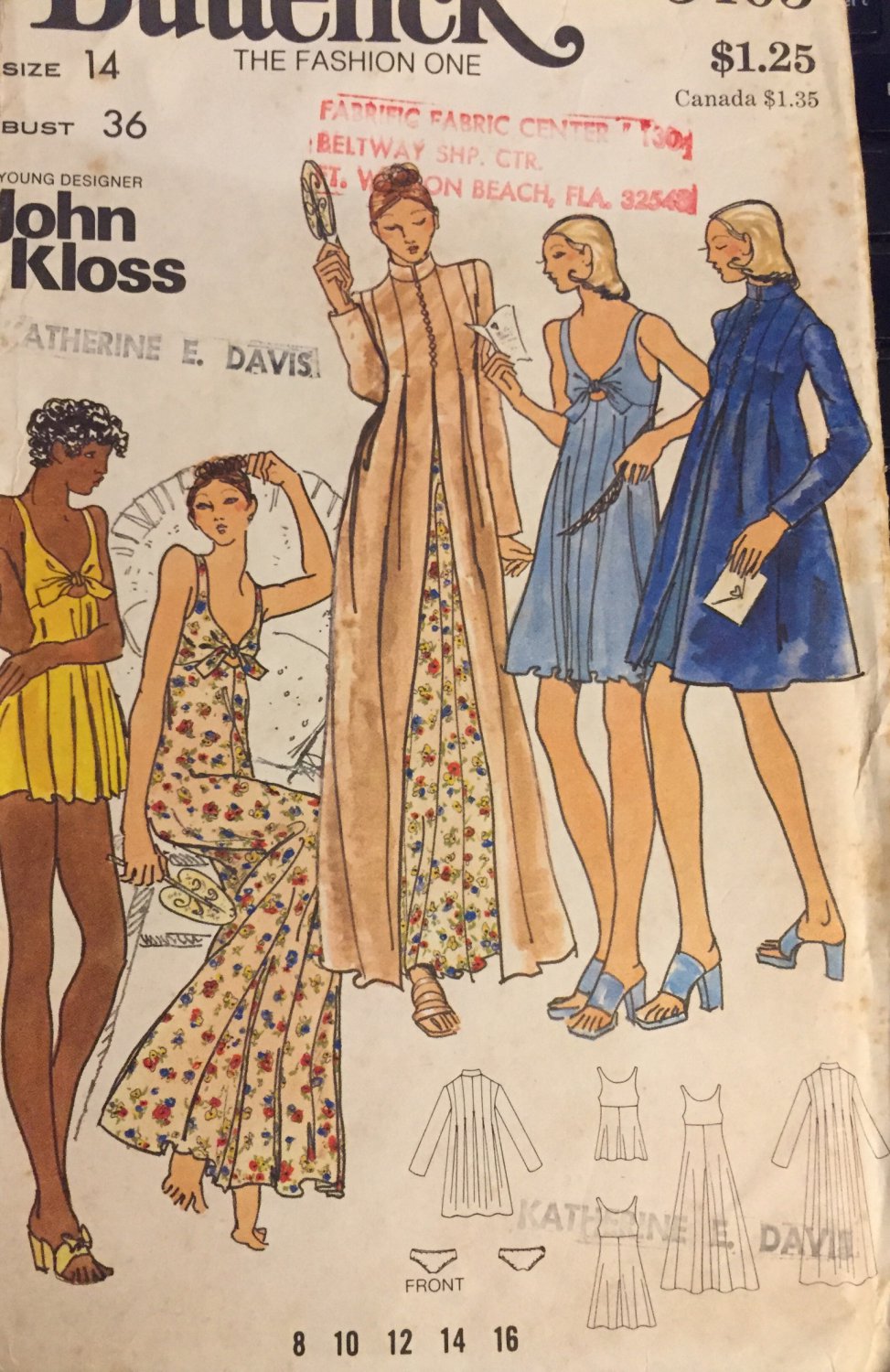 Butterick 3405 John Kloss Misses Nightgown Baby Dolls Bikini Panties Robe Pattern Size 14