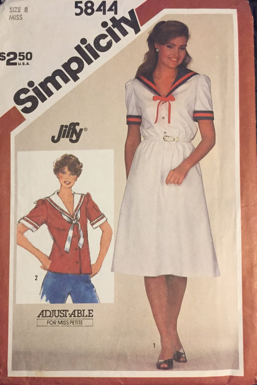 Misses Sailor Style Top or Pullover Dress Size 12 Vintage 1980s Jiffy Simplicity Pattern 5844