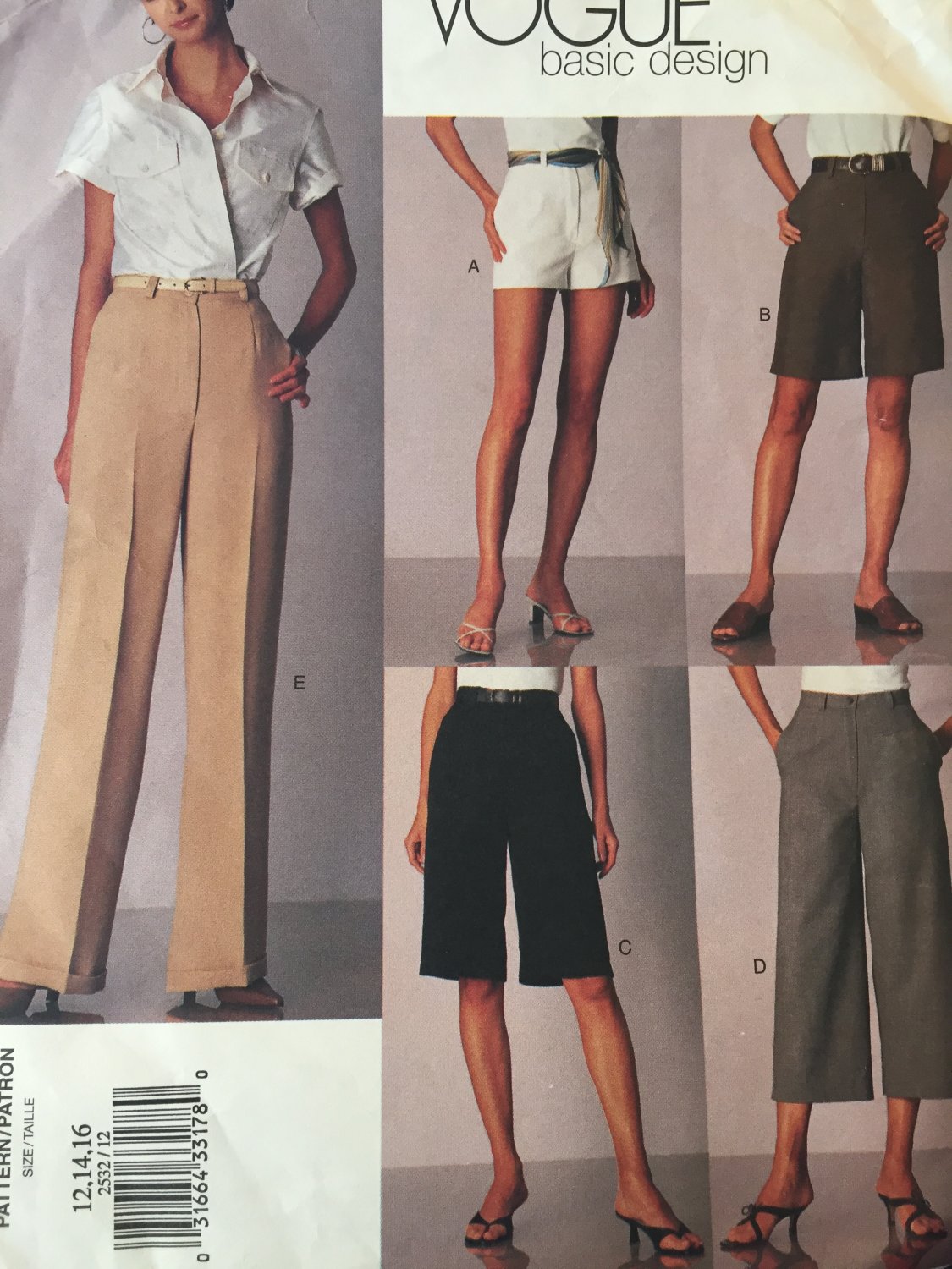 Vogue 2532 Sewing Pattern Slacks to Shorts Basic Design size 12 14 16