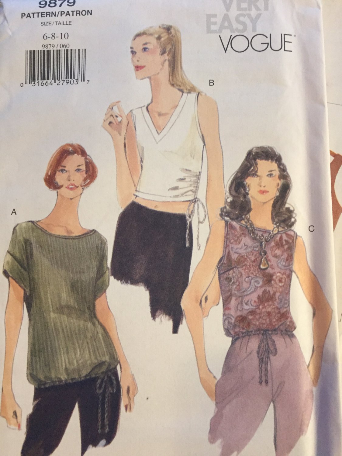 VOGUE 9879 Misses Top in 3 lengths, sleevless and with sleeves 6 8 10