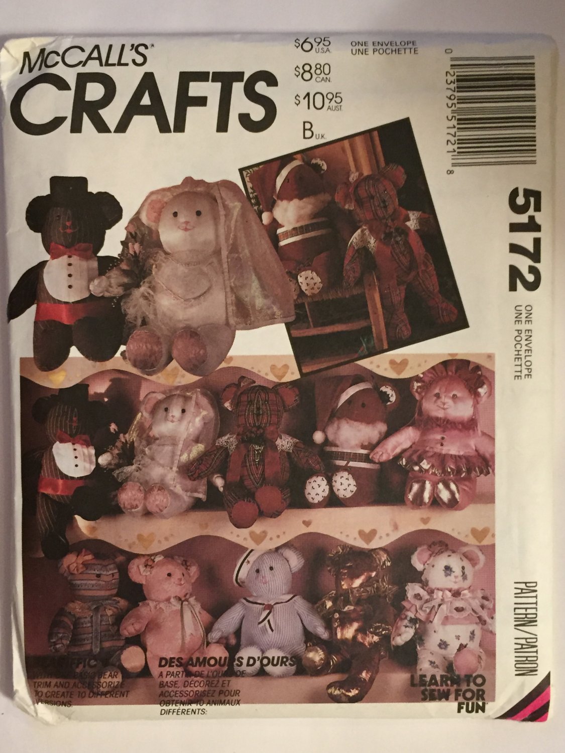 Bear Dolls McCall's Crafts 5172 Vintage Uncut Sewing Pattern