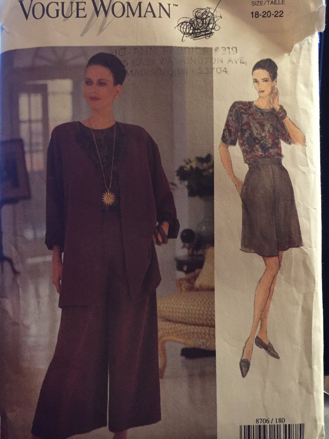 Vogue 8706 Misses Jacket Top Skort Gaucho Pants size 18 20 22