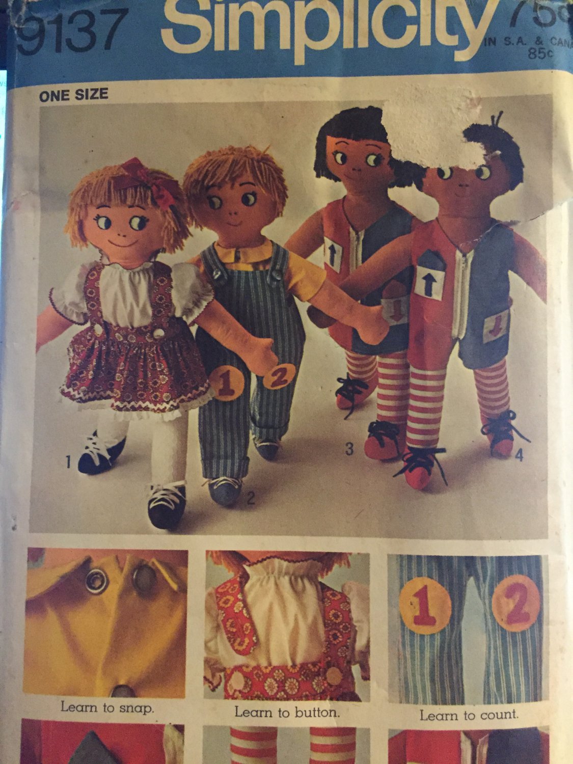 Simplicity 9137 Rag Dolls and Clothes Learn to Snap Button Count Zip Toy Sewing Pattern 24Â¨