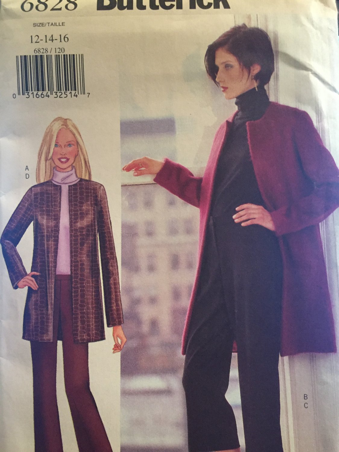 Butterick Sewing Pattern 6828 from 2000. Misses Lined Jacket and Pants Size 12 14 16