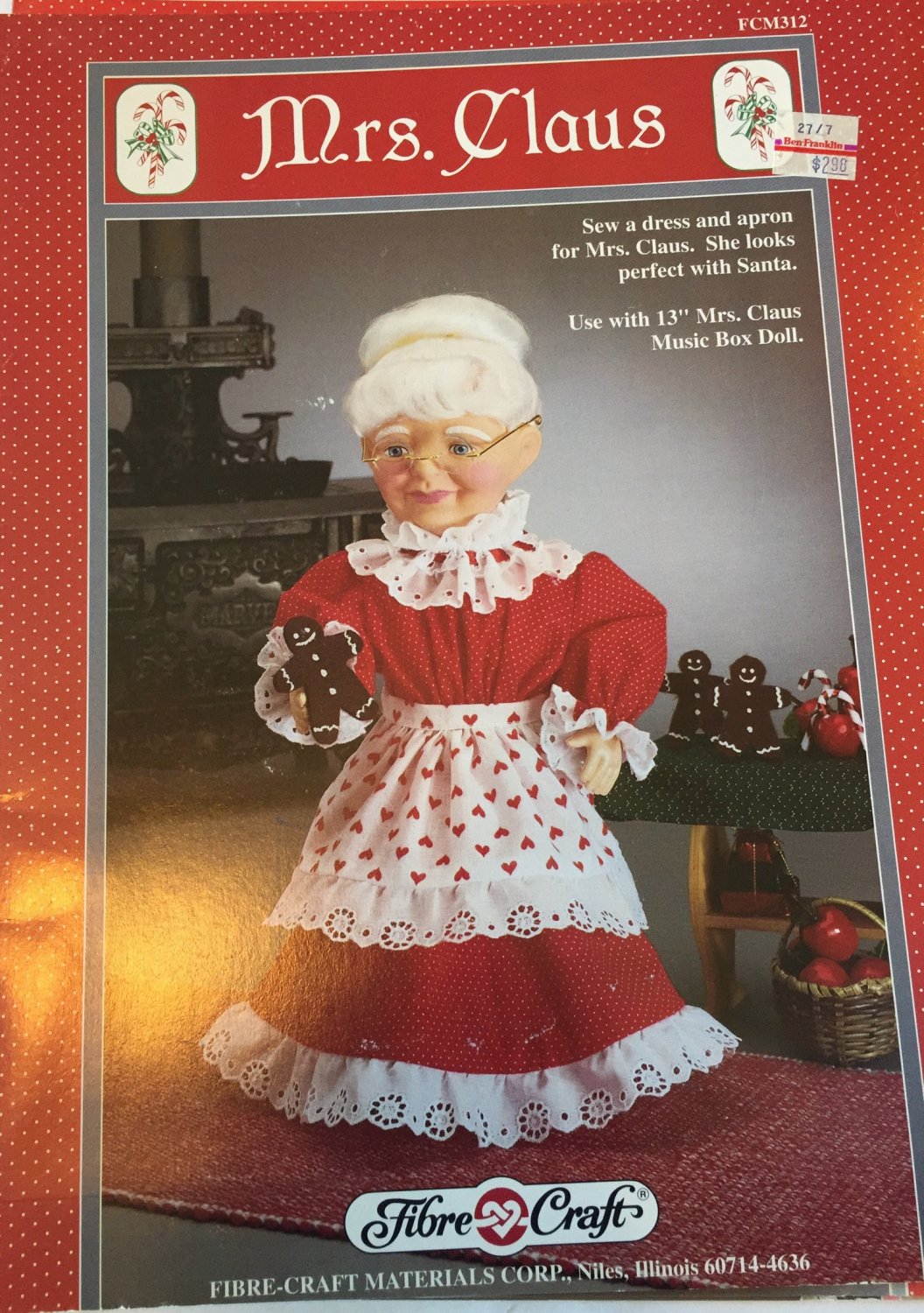 Fibre Craft Mrs. Claus Dress and Apron for 13" Mrs. Claus Music Box Doll Sewing Pattern FCM312