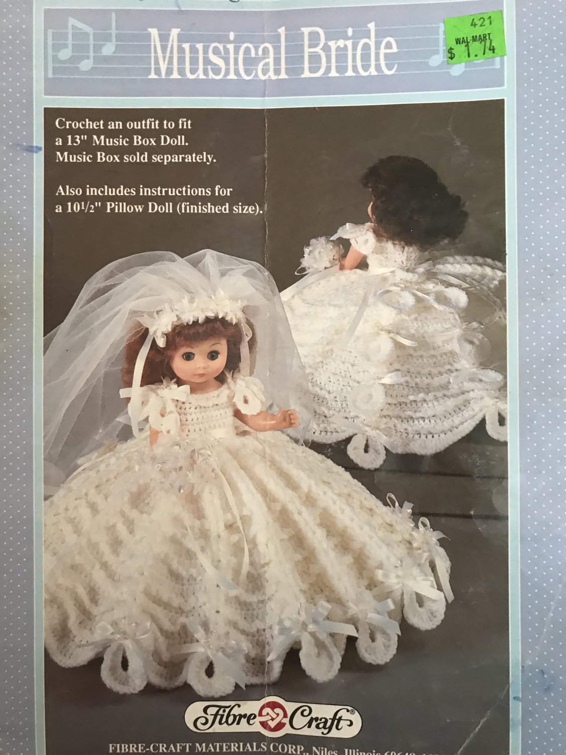 Fibre Craft Musical Bride Crochet Pattern for 13" Music Box Doll and 10 1/2" Pillow doll FCM232
