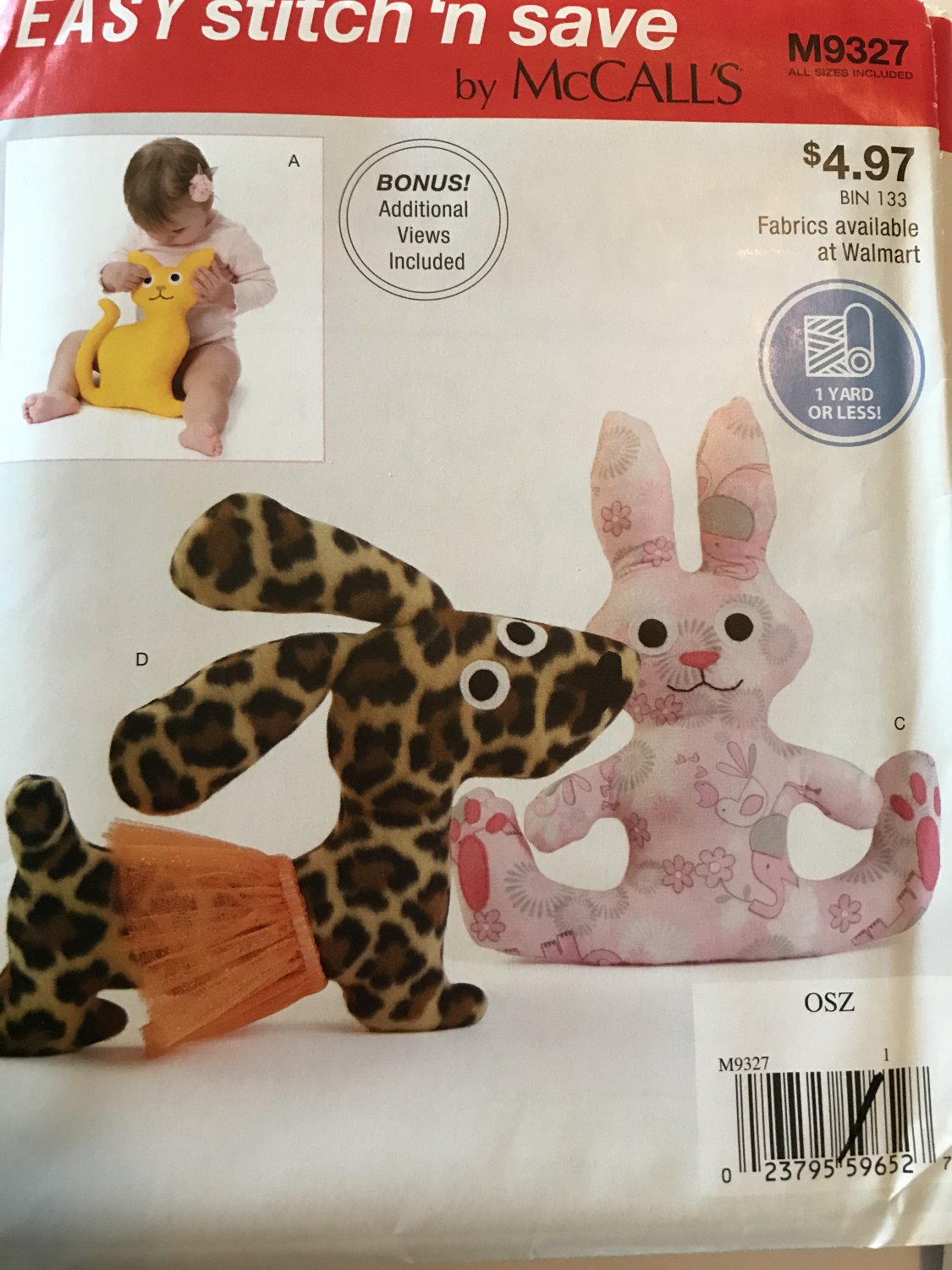 McCall's Easy Stitch 'n Save Pattern M9327 9327 Stuffed Toys Dog Bunny Cat Bear