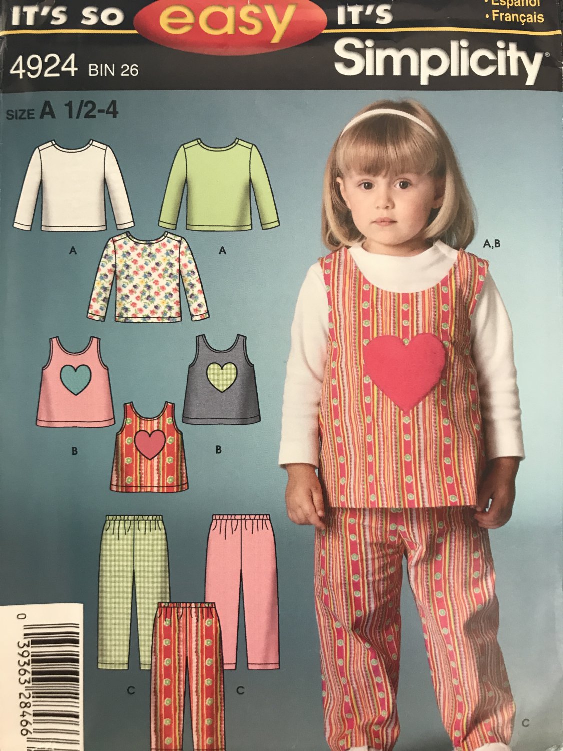 Simplicity 4924 Toddler Girls Heart Tank Shirt Pants Sewing Pattern Size 1/2 - 1 Easy