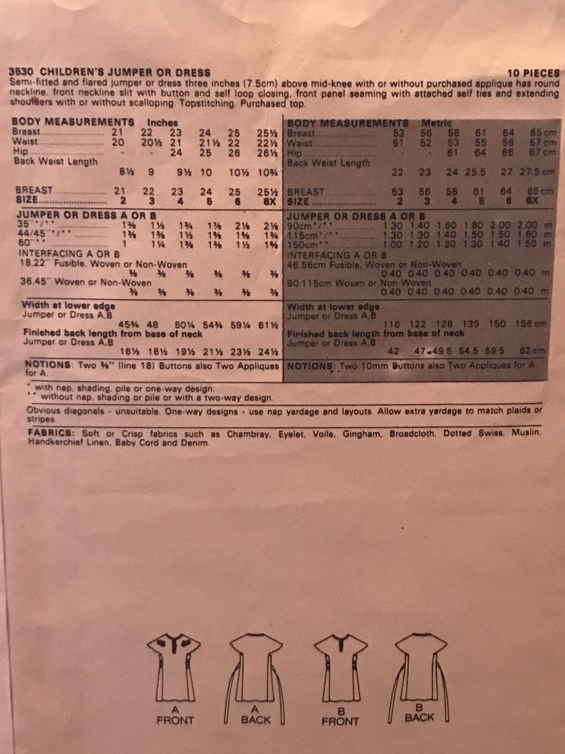 Butterick 3530 Child's Dress Jumper Sewing Pattern Size 2