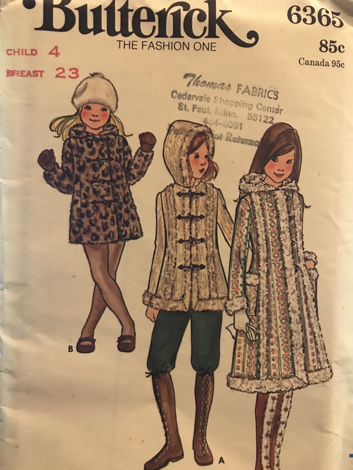 Butterick 6365 Children's Coat Sewing Pattern Size 4