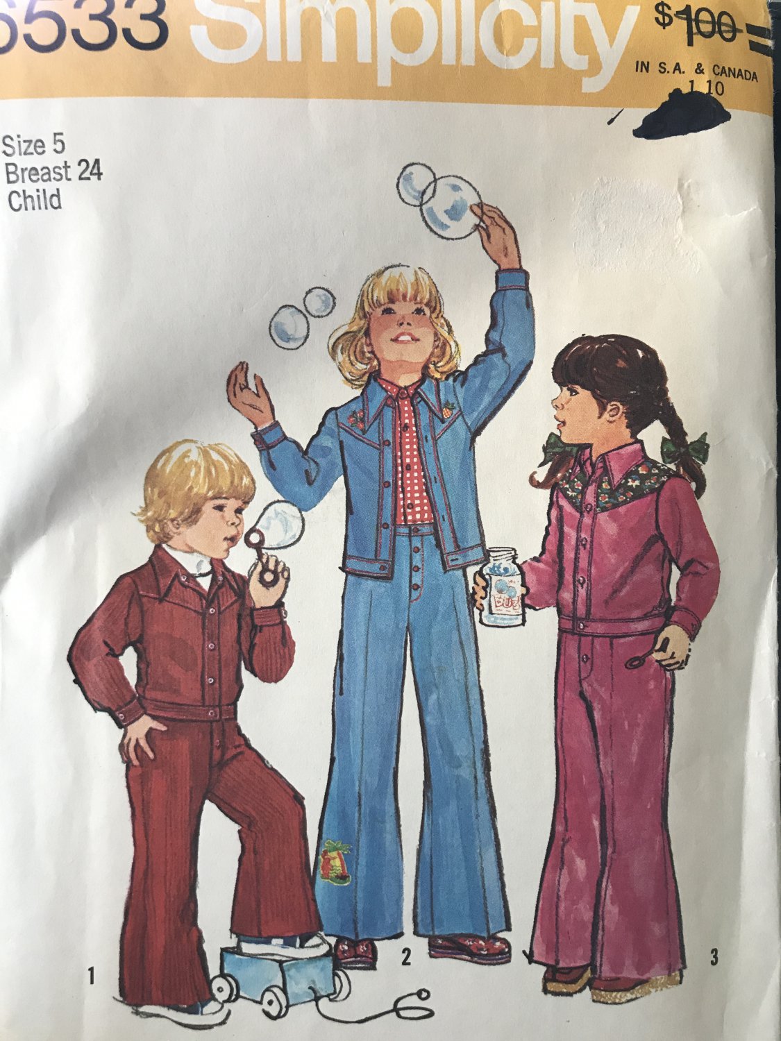 Simplicity 6533 Child's Unlined Jacket and Bell-Bottom Pants Size 5 breast 24 Sewing Pattern