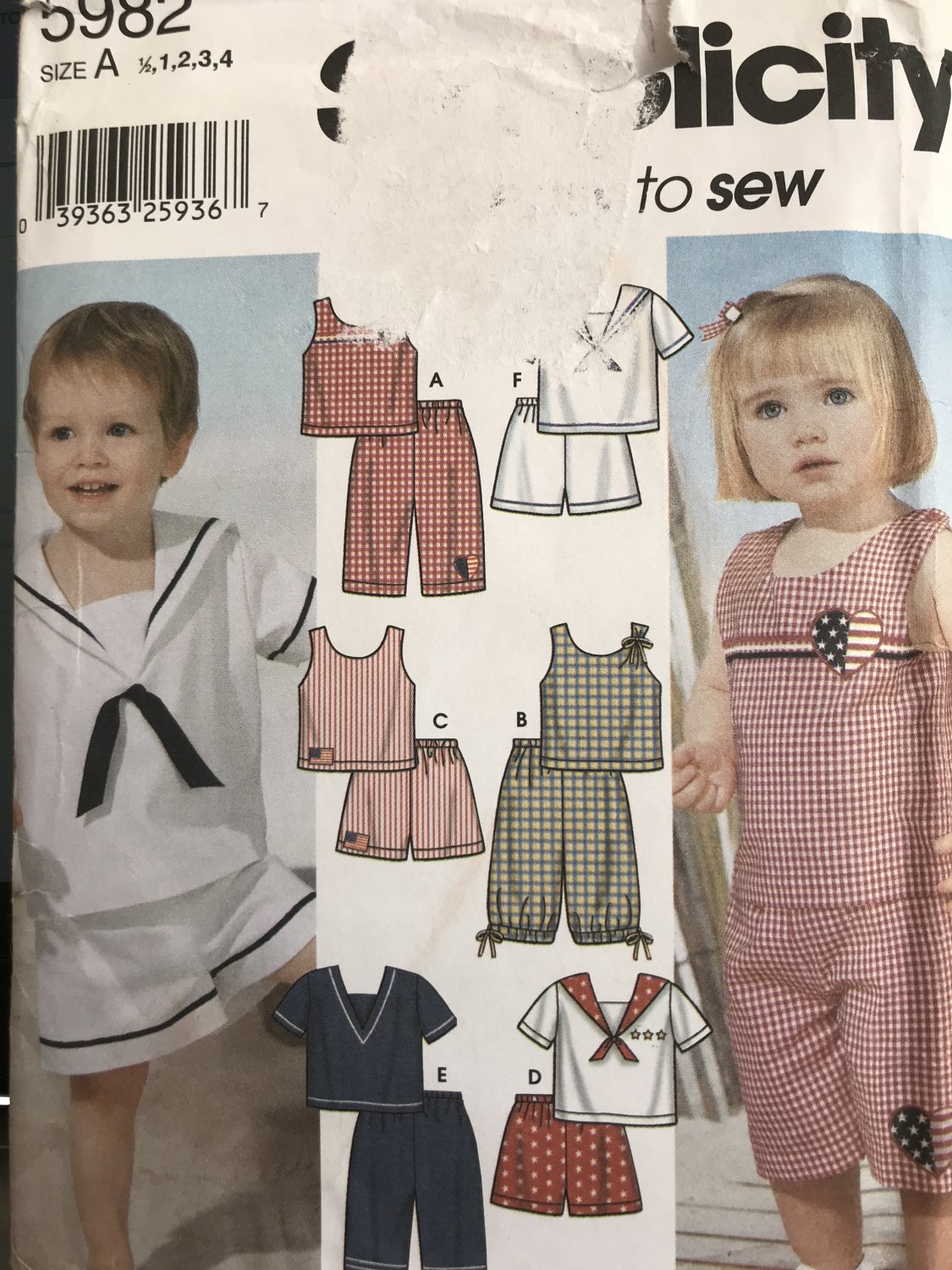 Simplicity 5982 Toddler Sailor Outfit boys girl tops shorts size 1/2 1 2 3 4 sewing pattern