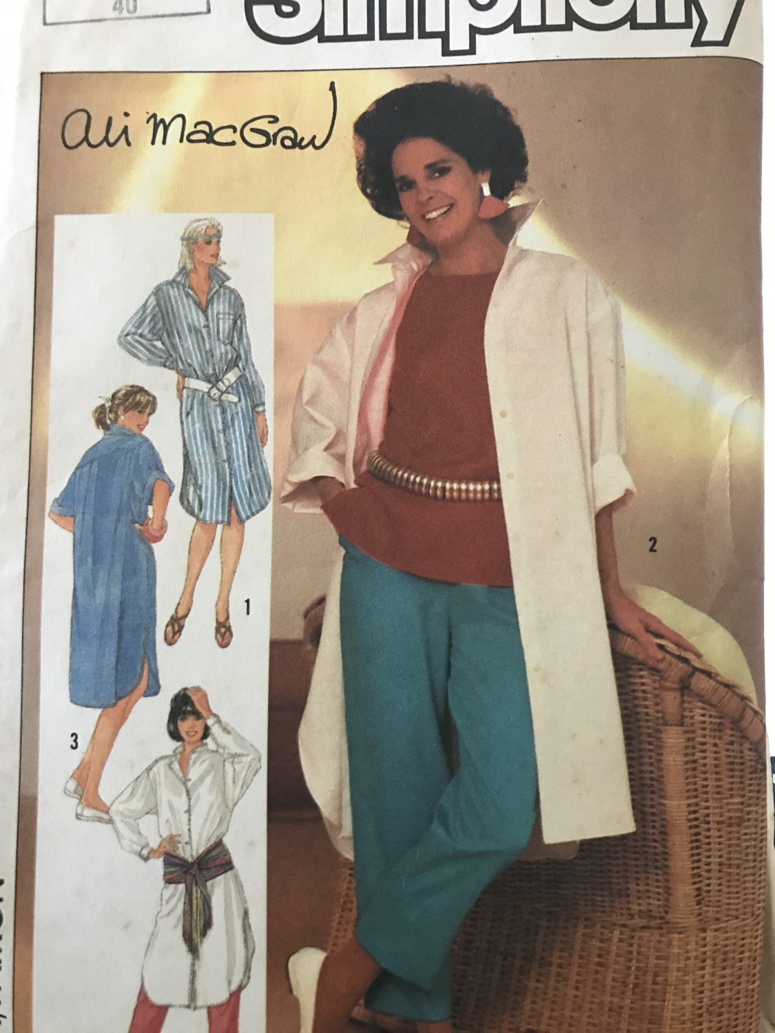 Simplicity 6846 Misses shirt dress Ali McGraw Tunic top pants Big shirt sewing pattern. SZ 12