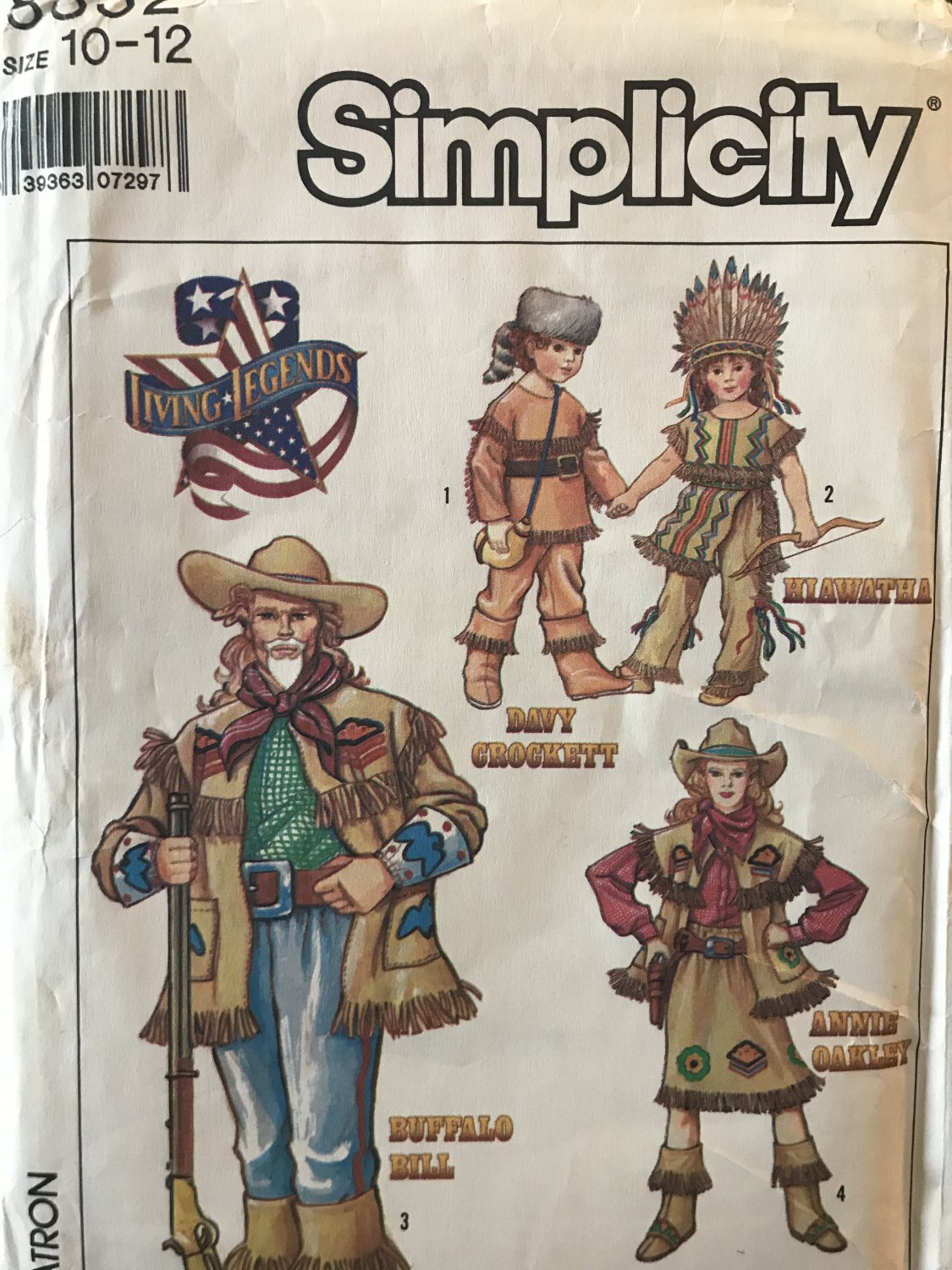 Simplicity 8832 Davy Crockett Hiawatha Buffalo Bill Annie Oakley Costumes Child 10 12 sewing pattern