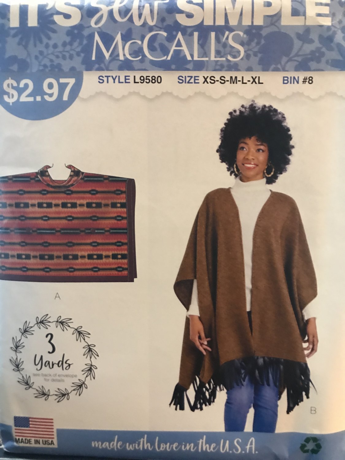 McCalls 9580 Misses Ponchos sizes XS to XL Sewing Pattern