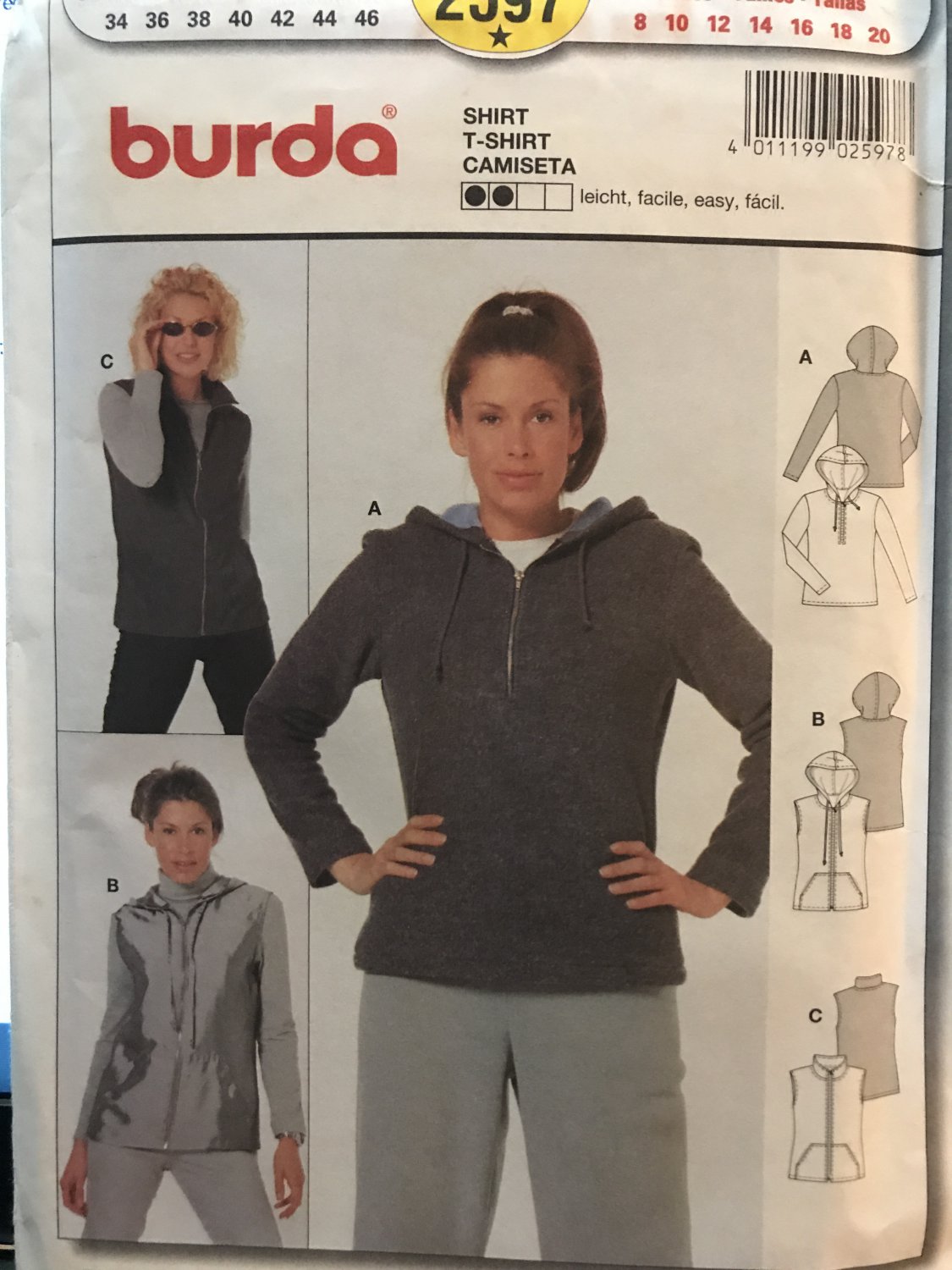 Burda Sewing Pattern 2597 Hoody Hoodie Sweatshirt Top or Vest Pattern Sizes 8 - 20 Sewing Pattern