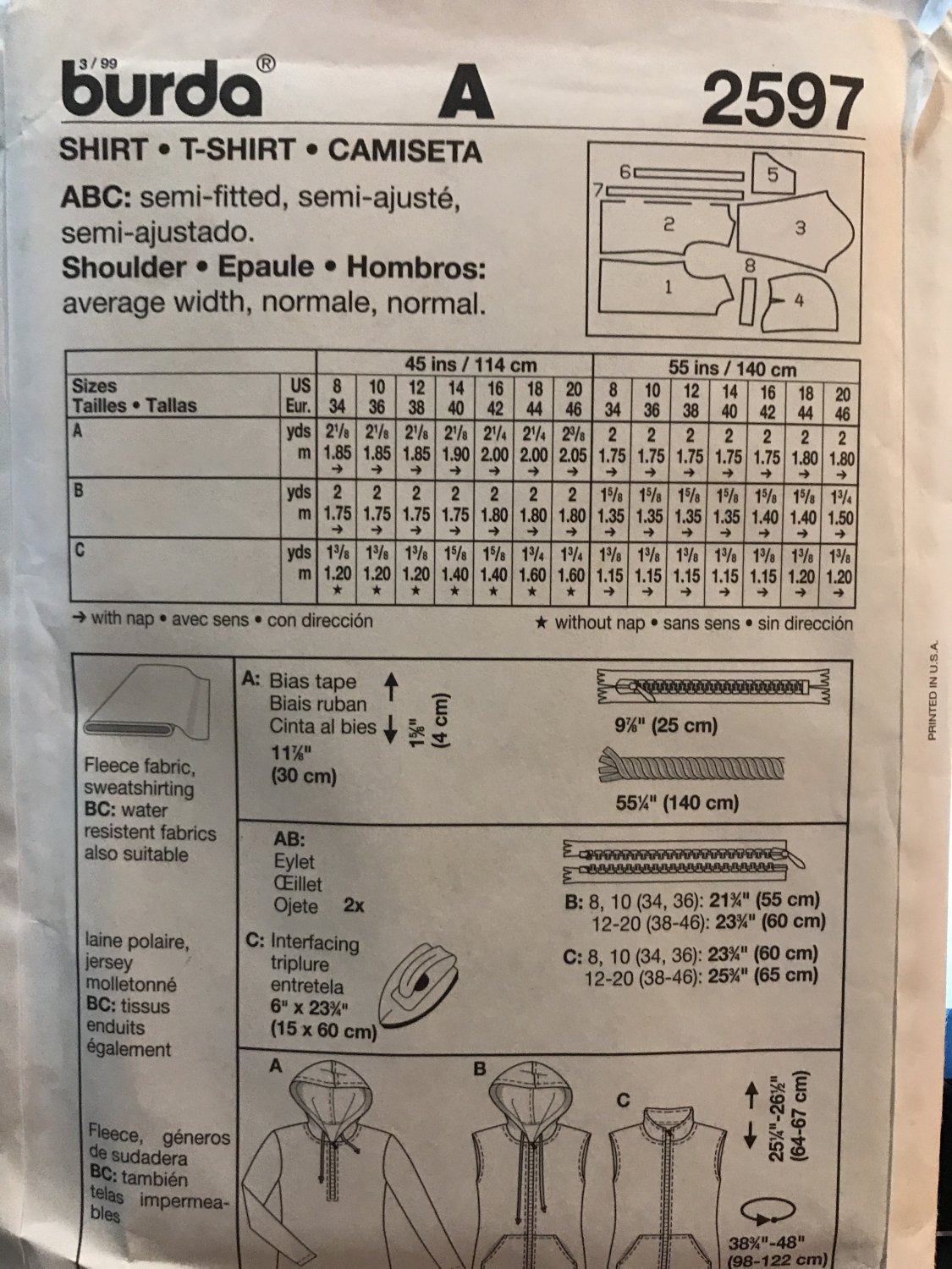 Burda Sewing Pattern 2597 Hoody Hoodie Sweatshirt Top or Vest Pattern