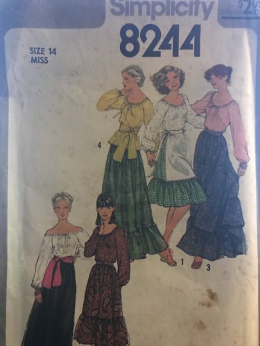 Simplicity 8244 Misses' Blouse, Skirt in Two Lengths, Apron and Sash Sewing Pattern Size 14