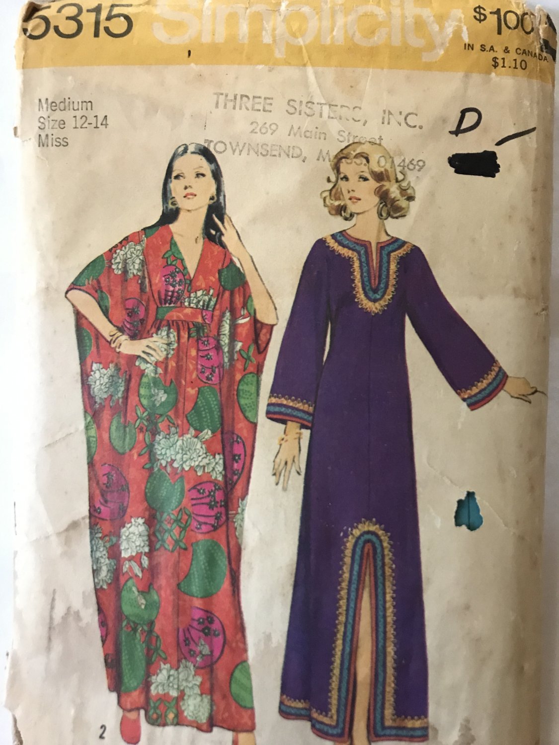 Simplicity 5315 Misses' Caftan with Dashiki Collar, 1970s Sewing ...