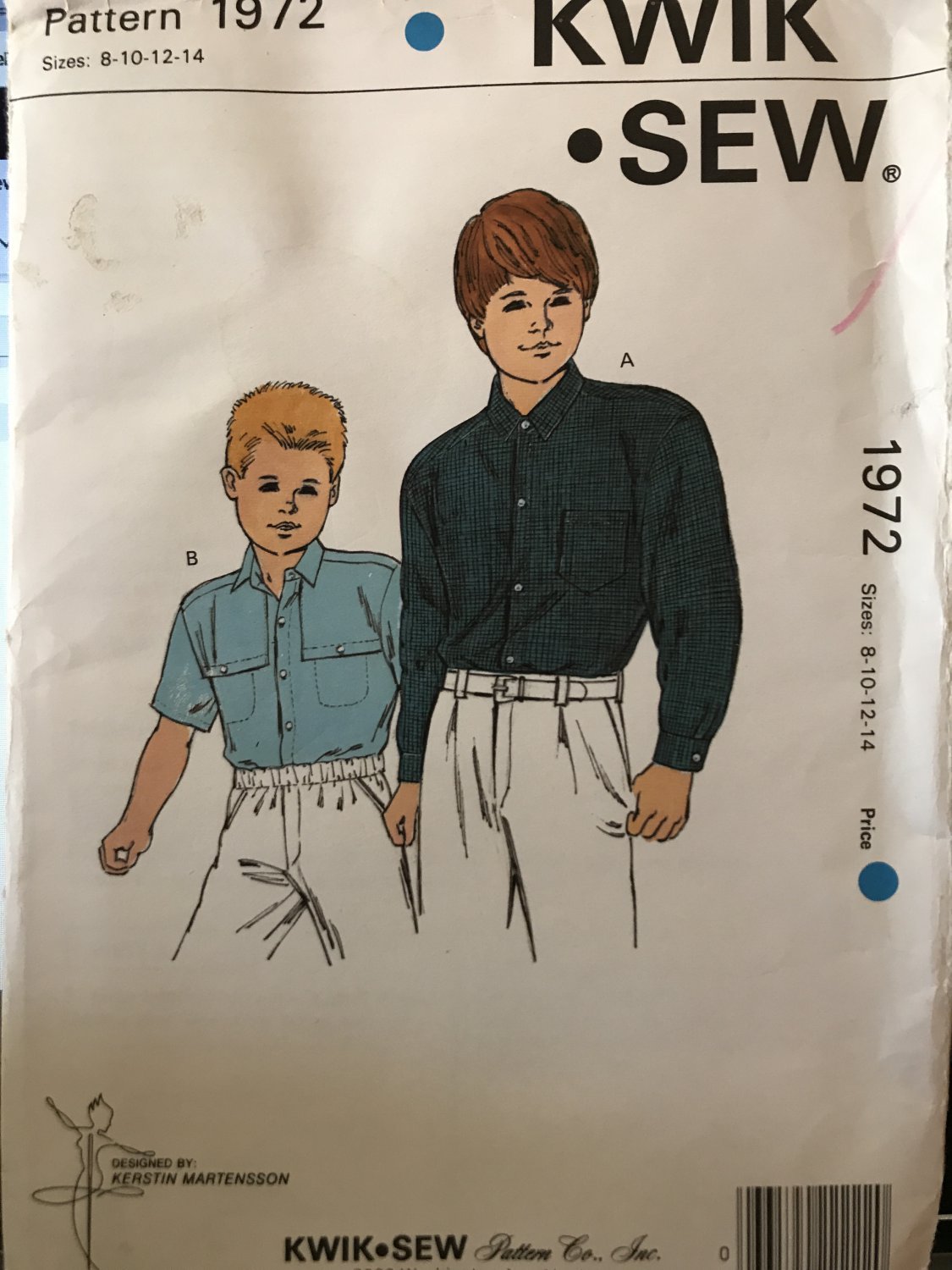 Kwik Sew 1972 Boys Shirt 1980s Vintage Sewing Pattern Size 8 - 14